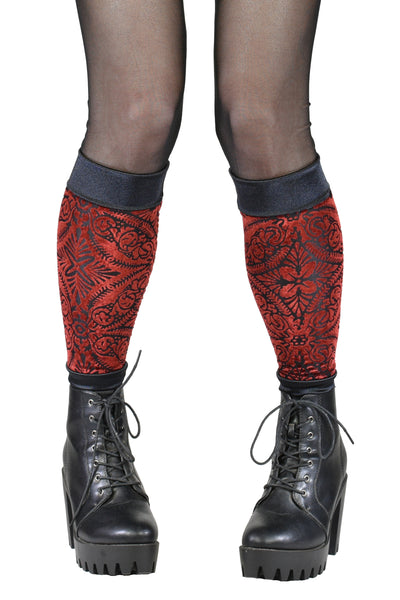 Red and Black Burnout Velvet and Satin Leg Warmers