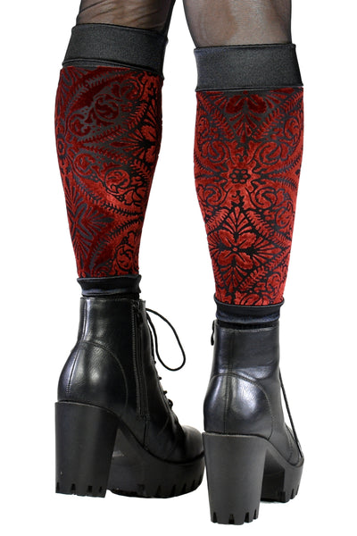 Red and Black Burnout Velvet and Satin Leg Warmers