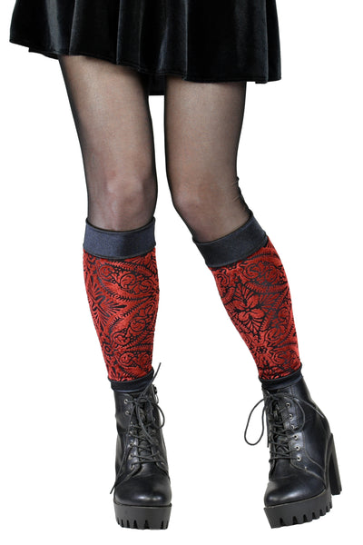 Red and Black Burnout Velvet and Satin Leg Warmers
