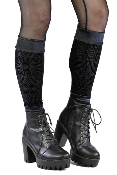 Black Burnout Velvet and Satin Leg Warmers