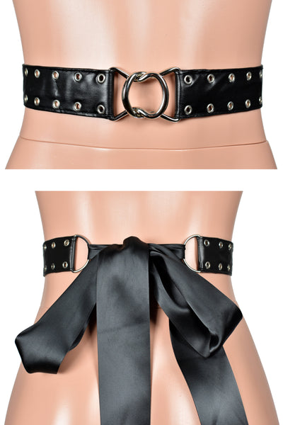 Black Faux Leather Grommet Waist Belt with Satin Ribbon Tie