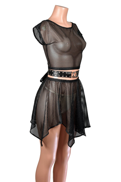 Black Faux Leather Grommet Waist Belt with Satin Ribbon Tie