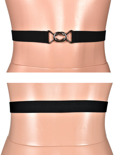 Narrow Black Elastic Waist Belt with Silver Buckle (1" wide)