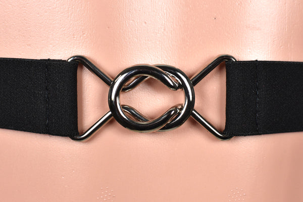 Narrow Black Elastic Waist Belt with Silver Buckle (1" wide)