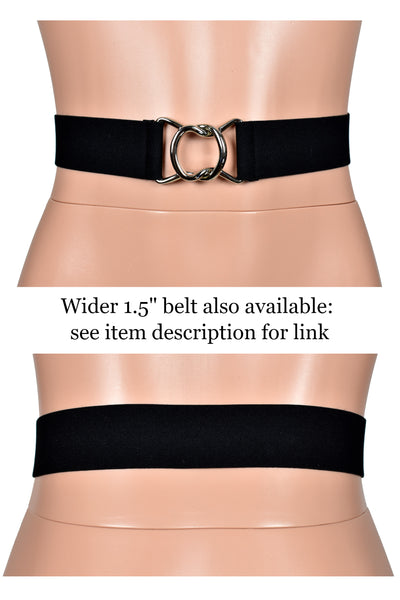 Narrow Black Elastic Waist Belt with Silver Buckle (1" wide)