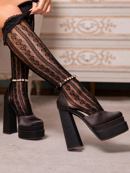 Sheer Black Stripes & Hearts Knee High Ruffle Socks (made by Leg Avenue)