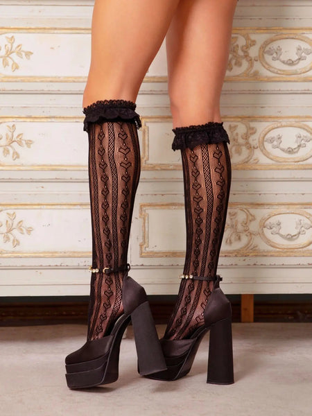 Sheer Black Stripes & Hearts Knee High Ruffle Socks (made by Leg Avenue)