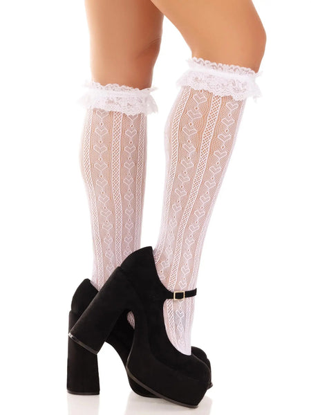 Sheer White Stripes & Hearts Knee High Ruffle Socks (made by Leg Avenue)