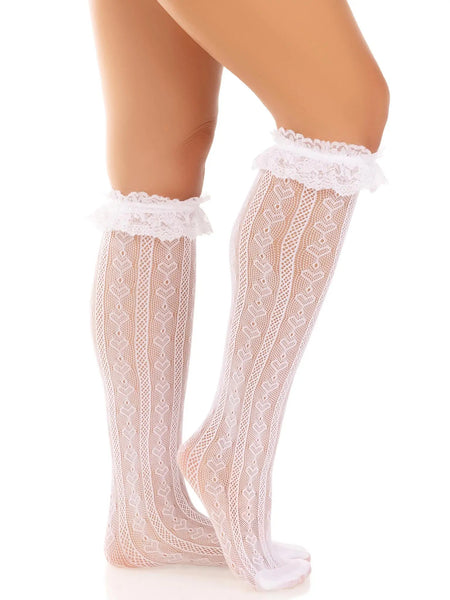 Sheer White Stripes & Hearts Knee High Ruffle Socks (made by Leg Avenue)