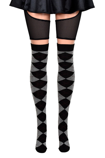 Black, Grey, and Red Argyle Over the Knee Socks (made by Leg Avenue)