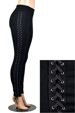 Black Cotton Spandex Side Lace-Up Leggings