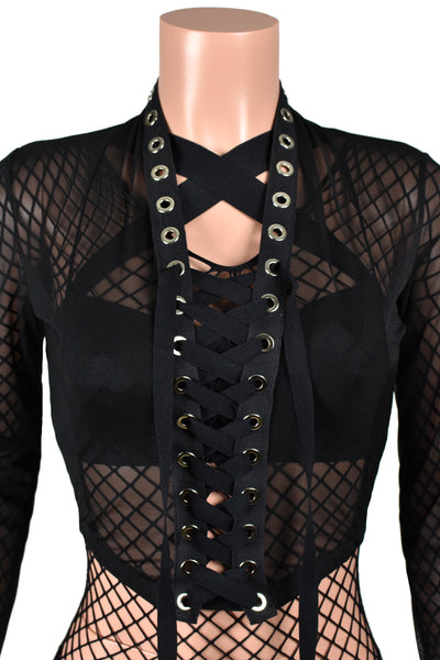 Black Mesh Lace-Up Front Cropped Sweater