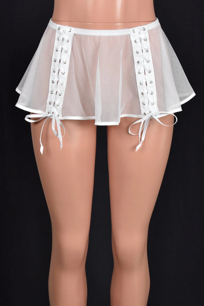 Sample Sale: Size Medium White Mesh Lace-Up Micro Mini Skirt (8" long)
