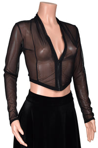 Black Mesh Zip Front Cropped Sweater