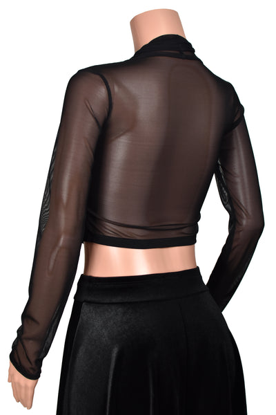 Black Mesh Zip Front Cropped Sweater