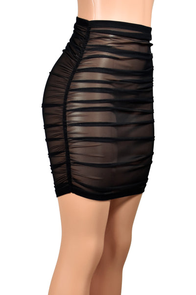 Ruched Black Mesh Mini Skirt