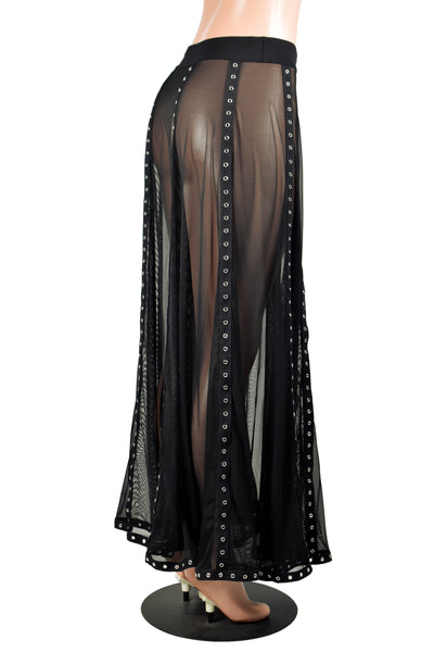 Sheer Black Mesh and Metal Grommet Maxi Skirt