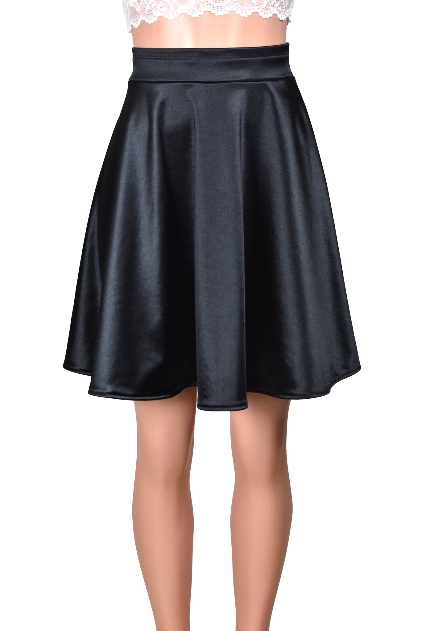 Black Stretch Satin Flared Skirt (Knee Length)