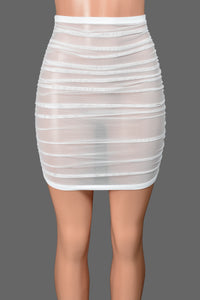 Ruched White Mesh Mini Skirt