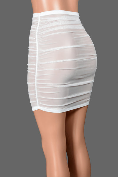 Ruched White Mesh Mini Skirt