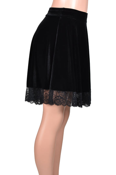 Lace Trim Black Stretch Velvet Skater Skirt