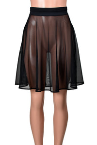 Flared Black Mesh Knee Length Skater Skirt (21"+ Length)