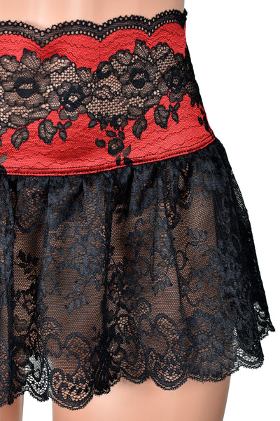 Ruffled Red and Black Lace Mini Skirt (11" Length)