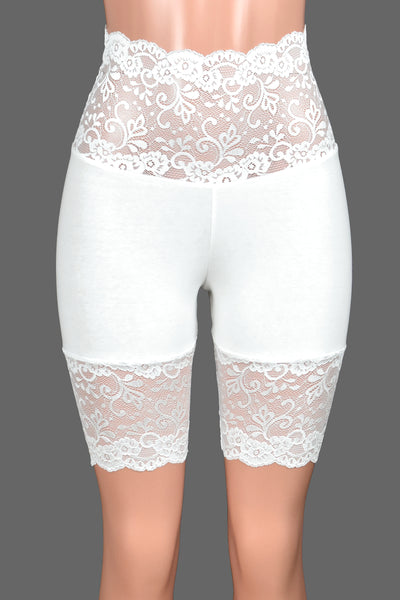 White Wide Waistband Stretch Lace Shorts (8.5" inseam)