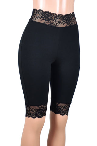 Knee Length High-Waisted Black Stretch Lace Shorts (10.5" inseam)