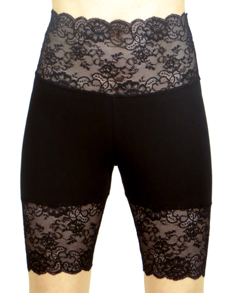 Black Wide Waistband High-Waisted Stretch Lace Shorts (8.5" inseam)