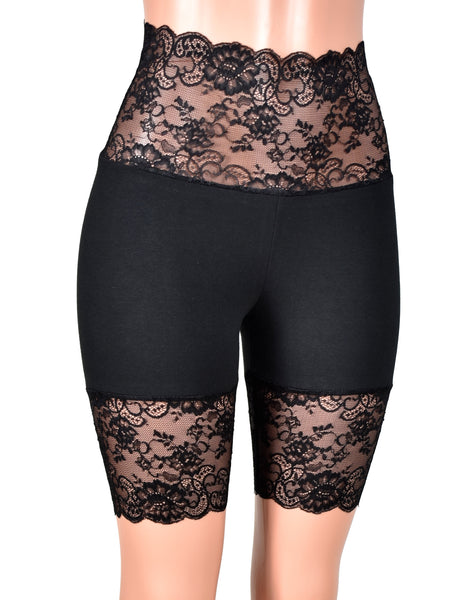 Black Wide Waistband High-Waisted Stretch Lace Shorts (8.5" inseam)