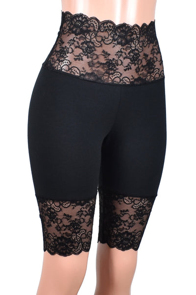 Knee Length Wide Waistband Black Stretch Lace Shorts (10.5" inseam)