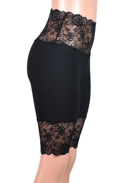 Knee Length Wide Waistband Black Stretch Lace Shorts (10.5" inseam)