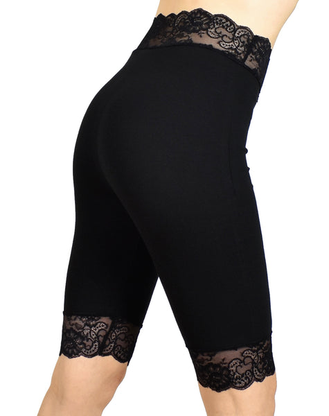 Knee Length High-Waisted Black Stretch Lace Shorts (10.5" inseam)