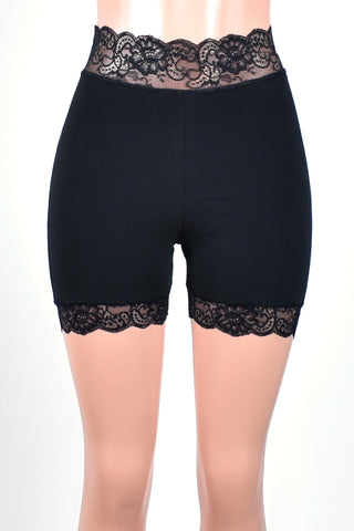 1.5" High-Waisted Black Stretch Lace Shorts (4" inseam)