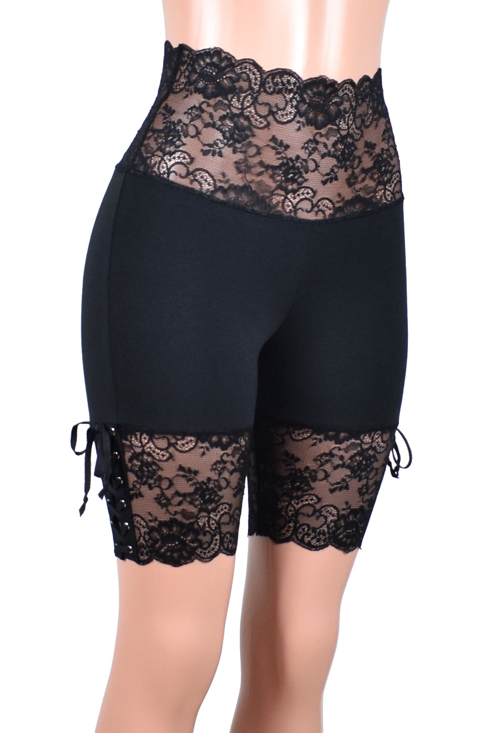 Wide Waistband Black Lace-Up Stretch Lace Shorts (8.5" inseam)