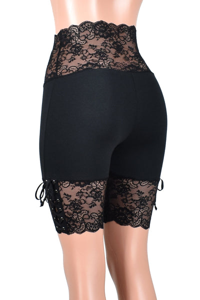 Wide Waistband Black Lace-Up Stretch Lace Shorts (8.5" inseam)