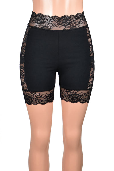 High-Waisted Lace Side Black Stretch Lace Shorts (5" inseam)