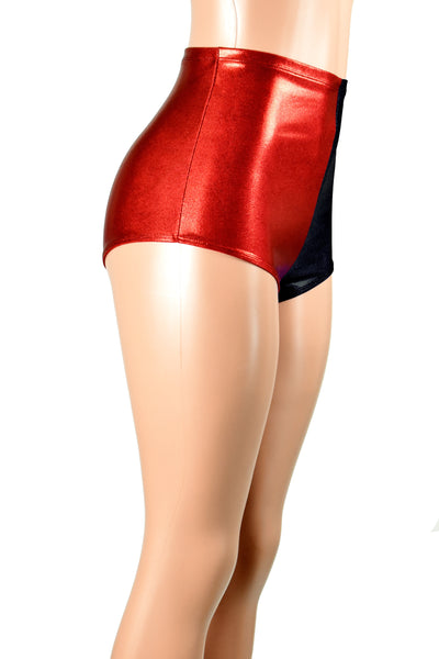 High-Waisted Black and Red Metallic Booty Shorts (mystique spandex)