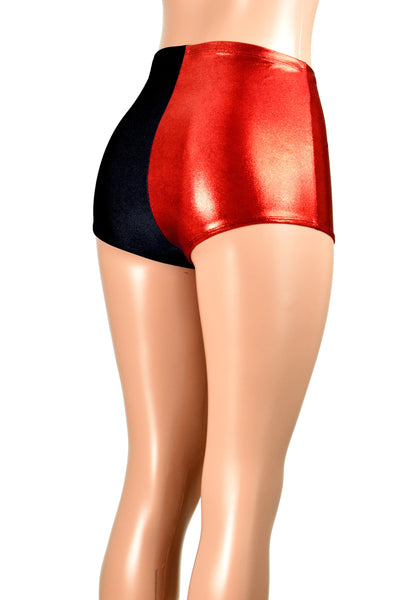 High-Waisted Black and Red Metallic Booty Shorts (mystique spandex)