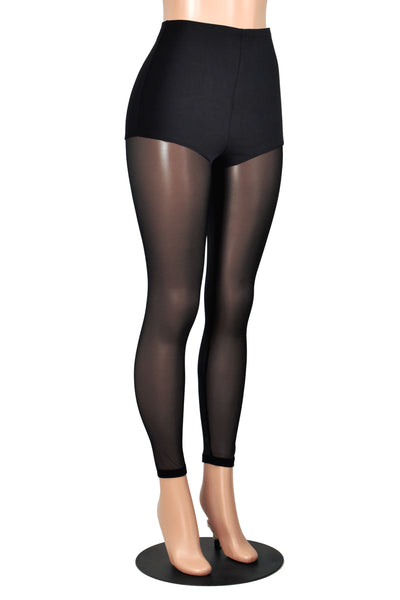 High-Waisted Black Cotton and Mesh Leggings
