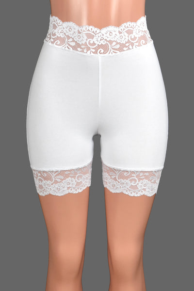 High-Waisted 2.5" White Stretch Lace Shorts (5" Inseam)