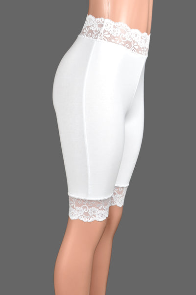 Knee Length High-Waisted White Stretch Lace Shorts (10.5" inseam)