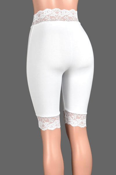 Knee Length High-Waisted White Stretch Lace Shorts (10.5" inseam)