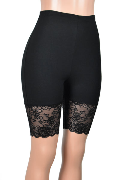 High-Waisted Black Stretch Lace Shorts (Elastic Waist, 8.5" Inseam)