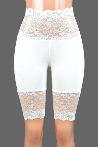 Knee Length Wide Waistband White Stretch Lace Shorts (10.5" inseam)