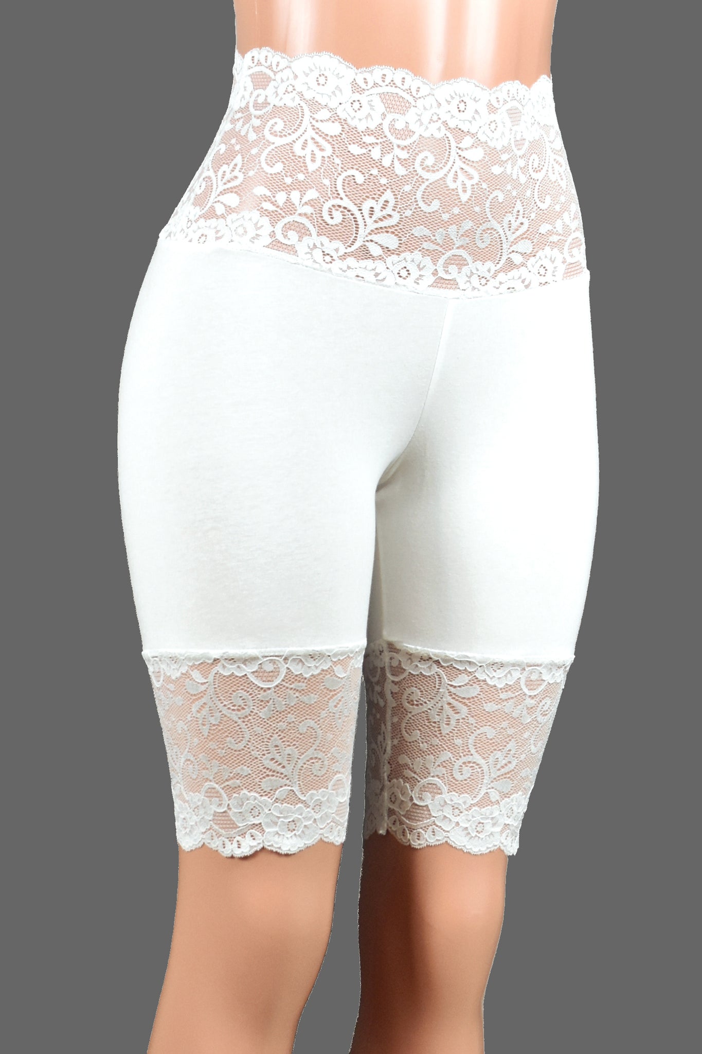Knee Length Wide Waistband White Stretch Lace Shorts (10.5" inseam)