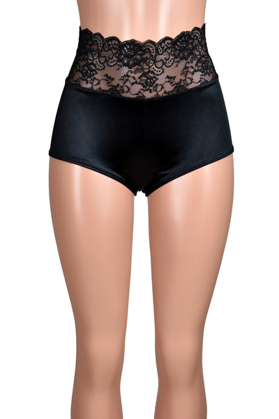 High-Waisted Black Stretch Satin and Lace Booty Shorts