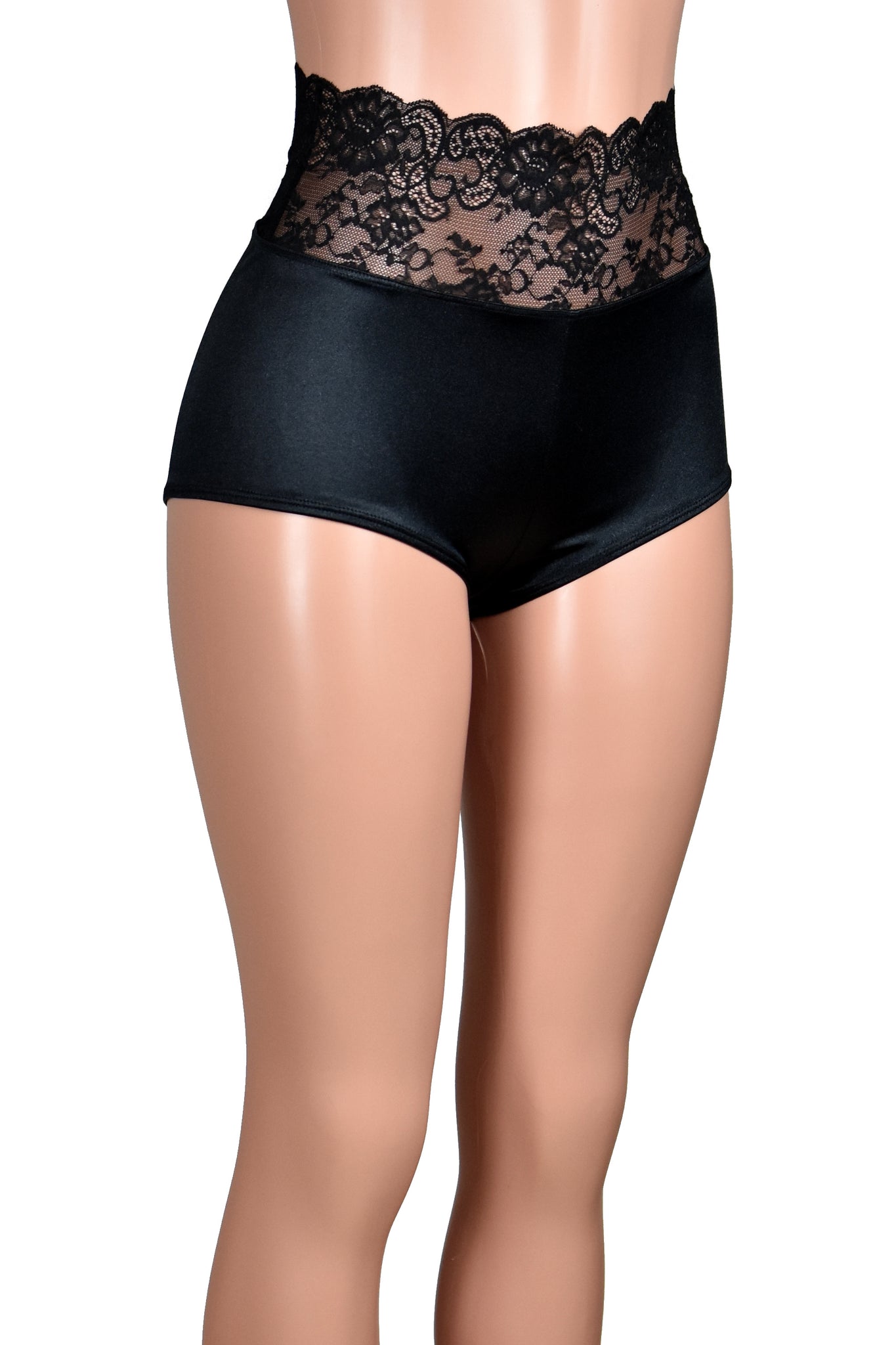 High-Waisted Black Stretch Satin and Lace Booty Shorts lingerie