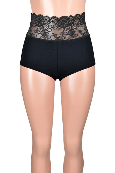 High-Waisted Black Cotton and Lace Booty Shorts